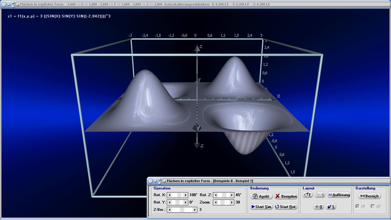 Flächen mit Funktion in expliziter Form - Bild 5 - Gekrümmte Flächen - Affensattel - Sattelfläche - Funktionen mehrerer Veränderlicher - 3D-Plotter - Dreidimensionale Funktionen - Dreidimensionale Funktion zeichnen - 3D-Funktion plotten - 3D-Flächenplot - Oberflächenplot - Plotten - Graph - Darstellen - Plotter